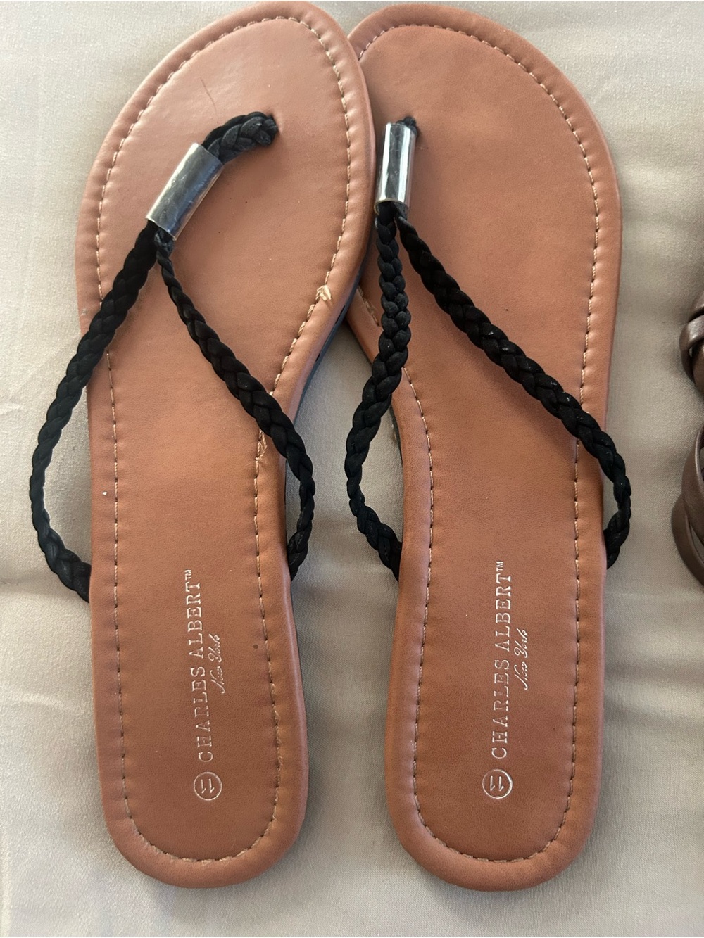 Charles Albert Tan Footbed Sandals with Black Braided Straps